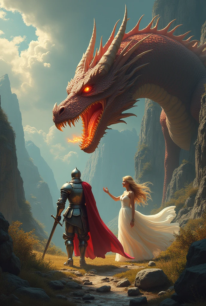 A knight frees a beautiful princess from a dragon
