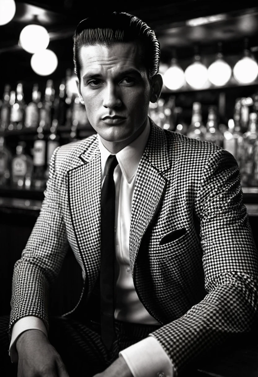 man in a black and white checkered suit, black tie, white shirt, black slicked back hair sitting in a dimly lit bar, 50s greaser