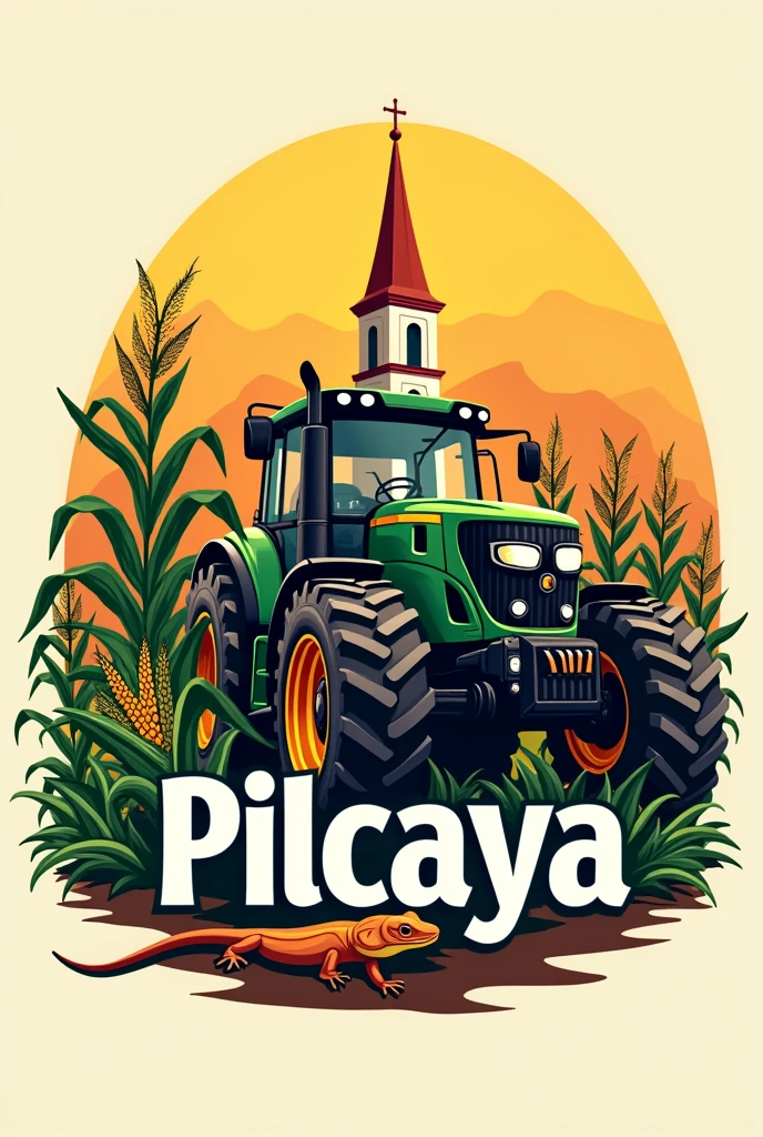 Logo of a tractor, corn, a church, a lizard with the word pilcaya 