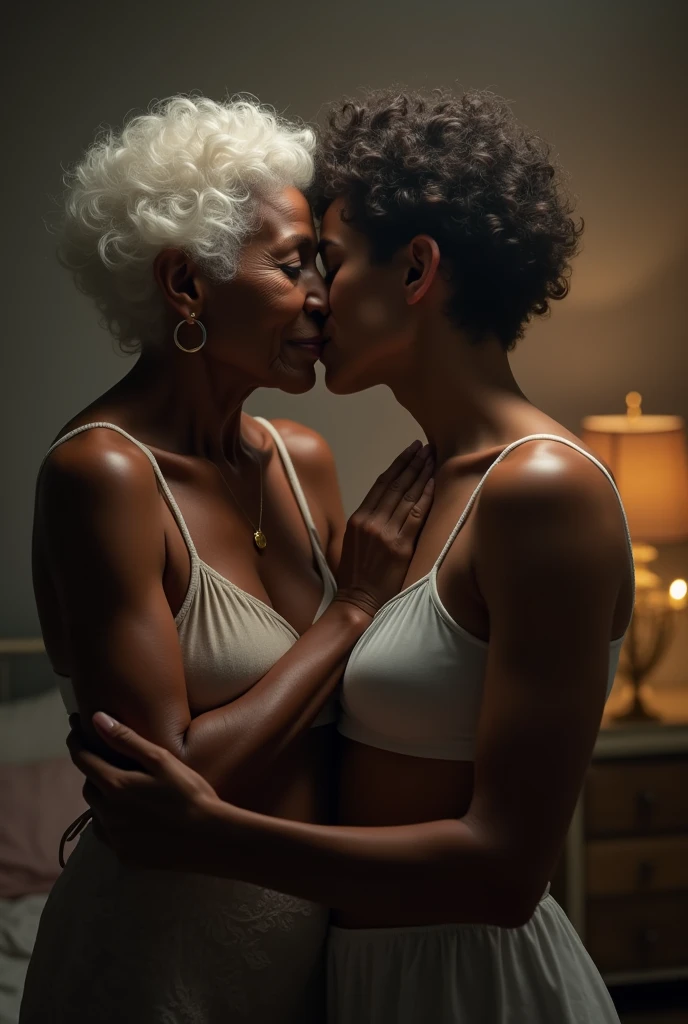 (photorealism:1.2), Beautiful Dark Skinned Old Woman with slight white hair and large breasts, Wearing White Bra and Kissing with a 18 year Old Boy passionately, Dim light in the room.