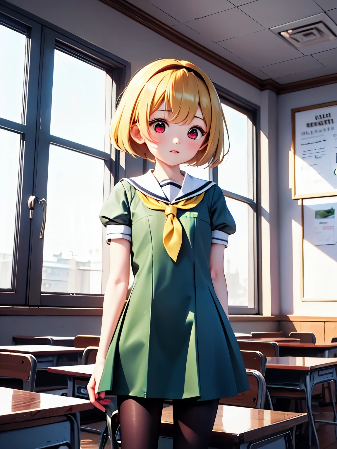 masterpiece,Highest quality,1girl,Satoko Hojo,Blonde,short hair,hair band,Red eyes,tooth,Green Dress,White sailor collar,Yellow neckerchief,Short sleeve,Puff sleeves,Black Pantyhose,Flat Chest,Are standing, School, Natural Light、machine、blackboard、window