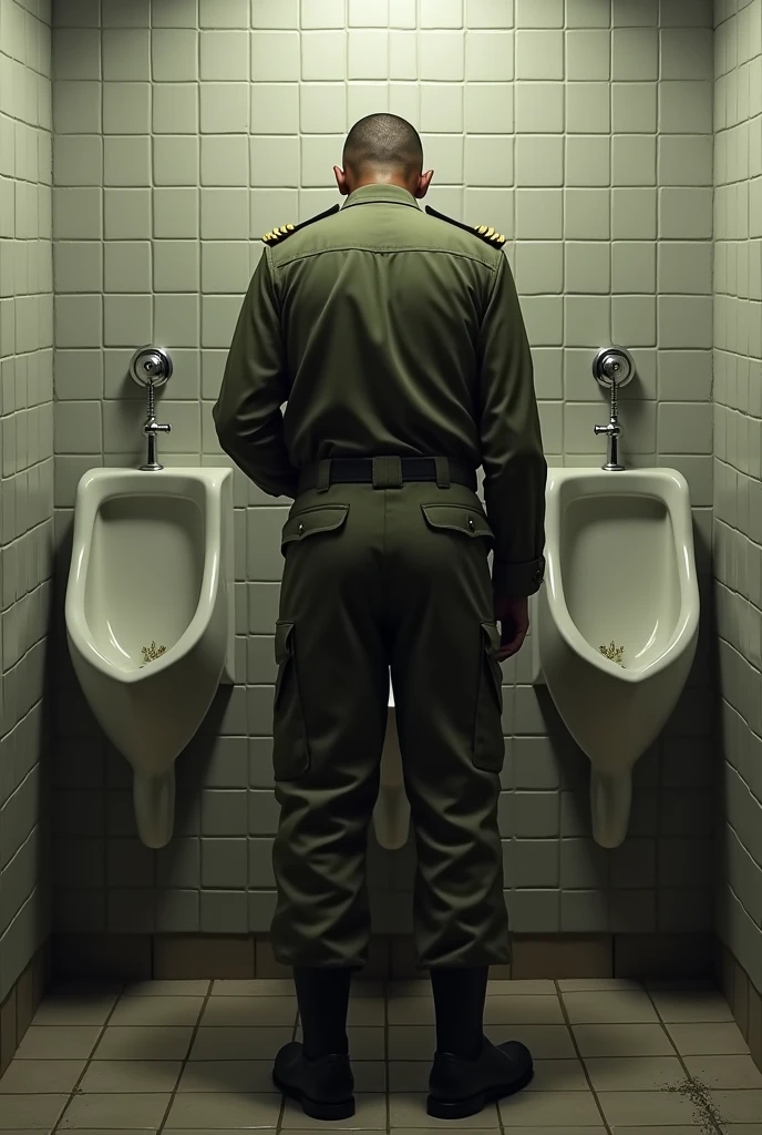 A uniformed soldier is urinating (open his pants)in the wall urinal bowl (public toilet). Realistic vision. View from the side, sides and back