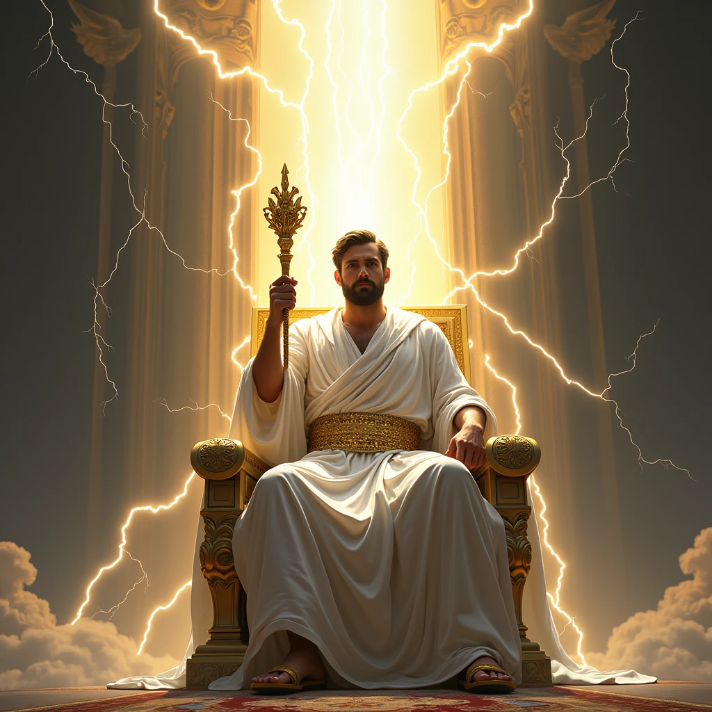 Make an ultra-realistic drawing, cinema picture, 4K resolution 1080px1025 A mighty throne of a king in heaven and a man in white robes sitting on it with a golden belt around his waist and Roman sandals. He holds a golden scepter in his hands, his face can&#39;t be seen, for a strong powerful light came out and said the throne and from it also came lightning bolts and thunder and an immense face. He seems to be very powerful, if he were God. however, his face can&#39;t be seen put a strong light coming out of his face, because no one can see the face of God.