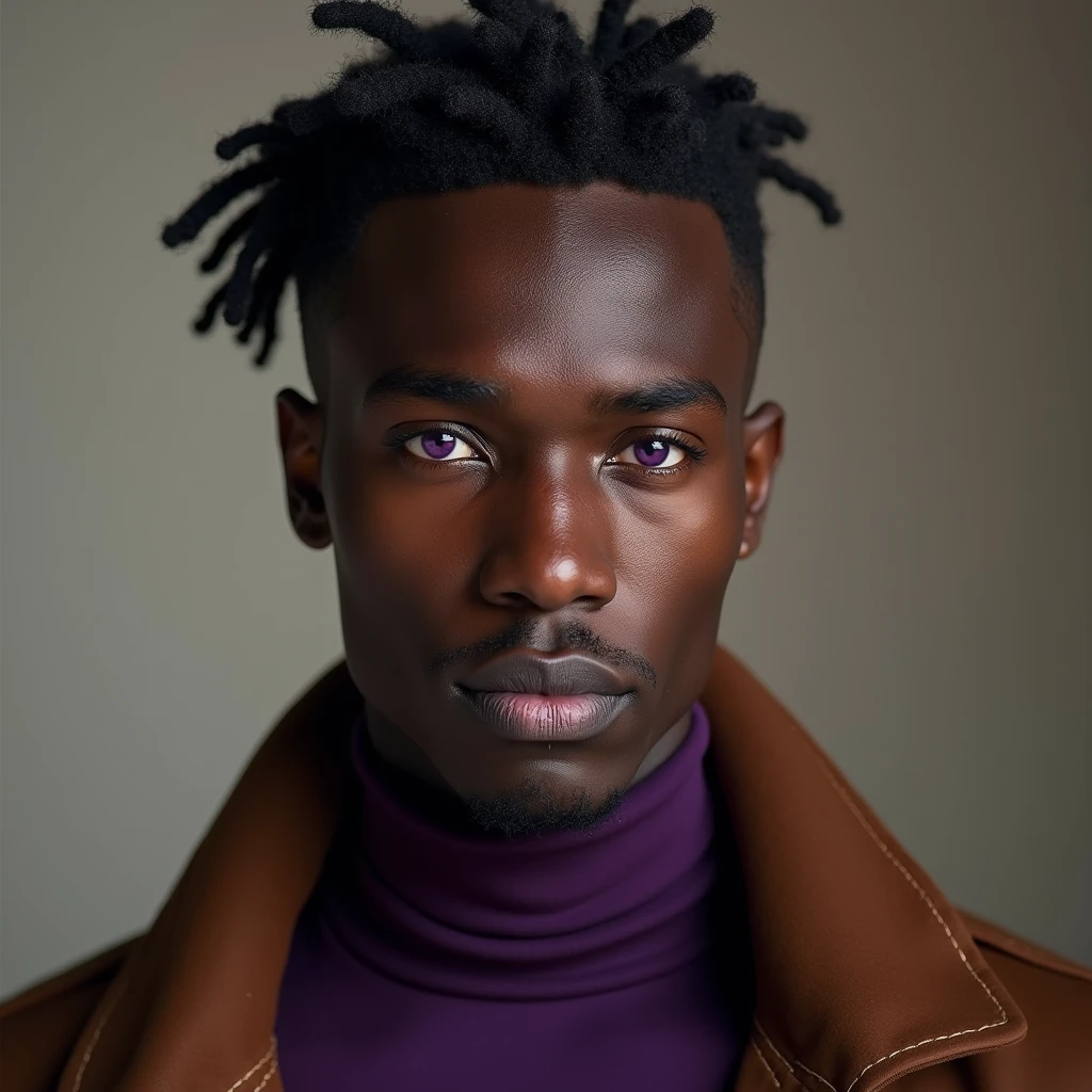 Photograph headshot of a very tall French-Nubian featured male model, wavy hair parted to the side hair, shaved chin, shaved upper lip, toned body, ebony skin, vibrant purple eyes, tall thin toned body. Kind expression. Wearing brown and purple clothes.