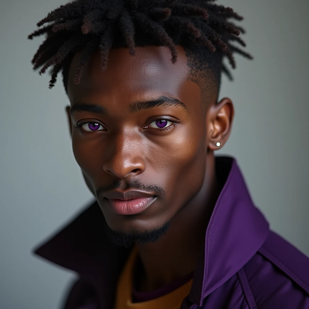 Photograph headshot of a very tall French-Nubian featured male model, wavy hair parted to the side hair, shaved chin, shaved upper lip, toned body, ebony skin, vibrant purple eyes, tall thin toned body. Kind expression. Wearing brown and purple clothes.