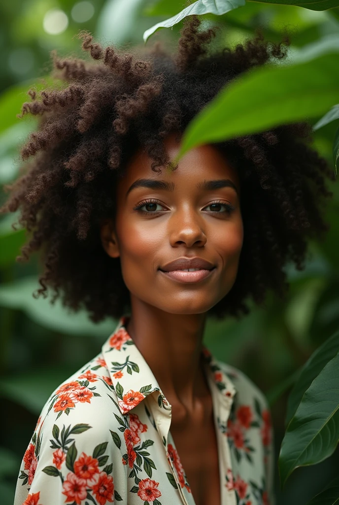 A Brazilian woman in a lush tropical garden, wearing an open shirt with a floral print, with a close-up capturing the harmonious beauty between her breasts and the natural flowers, showing off your natural charm and outgoing personality.