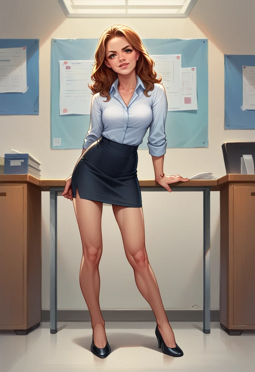 Lewd pose,Pam Beesly, full shot body photo, in office outfit, skirt only, tight blouse, High Detail, Sharp focus, dramatic