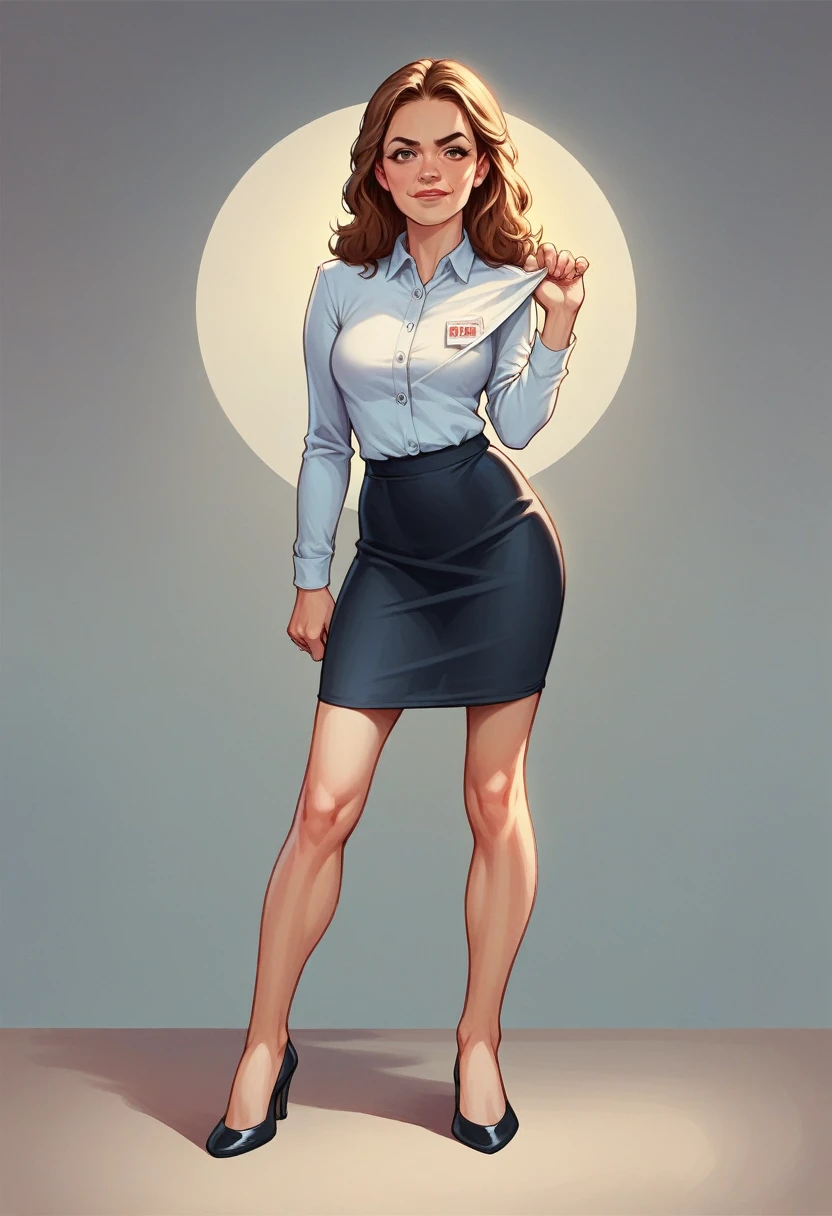 Lewd pose,Pam Beesly, full shot body photo, in office outfit, skirt only, tight blouse, High Detail, Sharp focus, dramatic