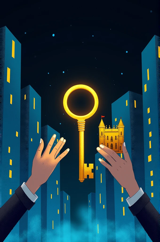 Paint a picture, where the guy's right hand holds the golden key, which is turned to the left. on the left is another guy's hand, a little bit bigger, holds a golden castle. the key is pointed at the lock on the left and they are about to touch. in the background there is a black sky and flat, drawn, blue high-rise buildings, and the windows in them are blue. these high-rise buildings are glowing blue, everything is still painted with fire, which makes the sky slightly blue. the drawing is done in a simple style, in a drawn style.