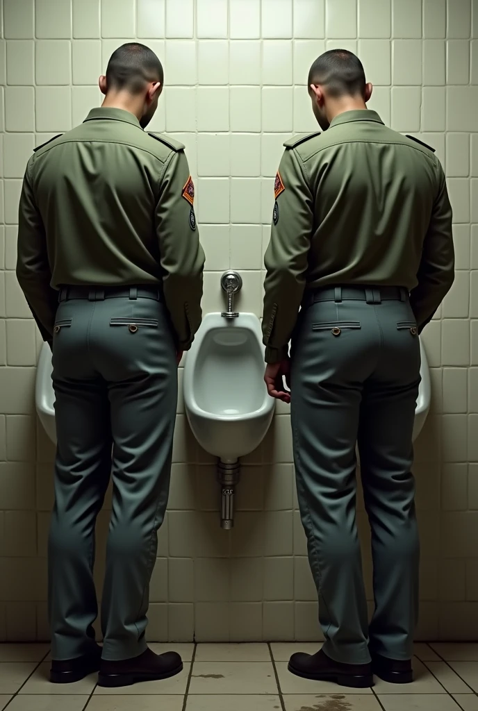 A uniformed soldier is urinating (open his pants)in the wall urinal bowl (public toilet). Realistic vision. View from the side, sides and back