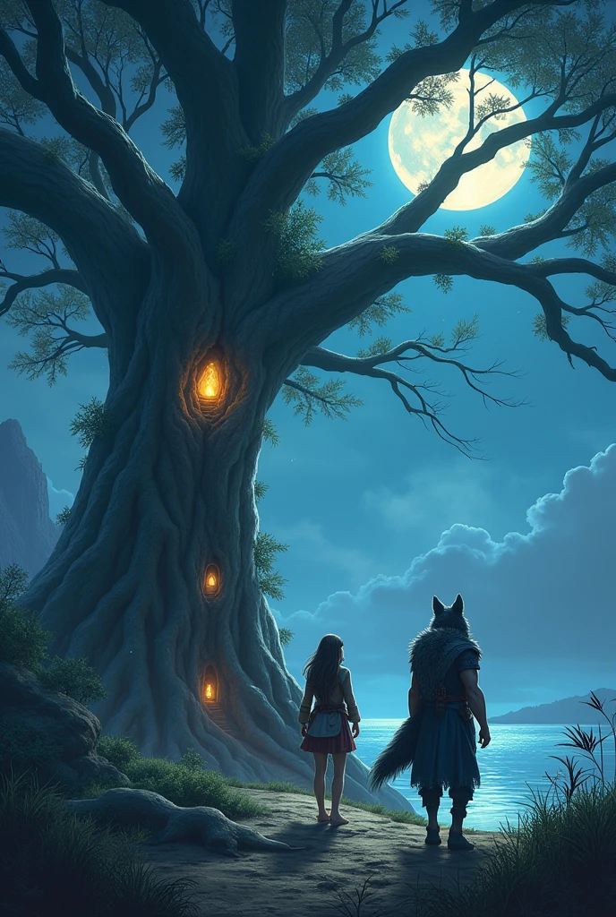 A teenage girl who goes on an adventure in the Moonlit Land with a werewolf king dressed in an ancient warrior costume. There are nerves and dimensional gates under the roots of a giant tree.