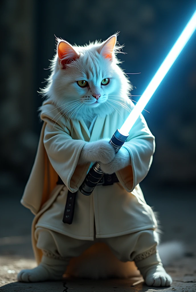 White cat dressed as Luke from Star Wars wields a lightsaber,Without cloak.dramatic,4K