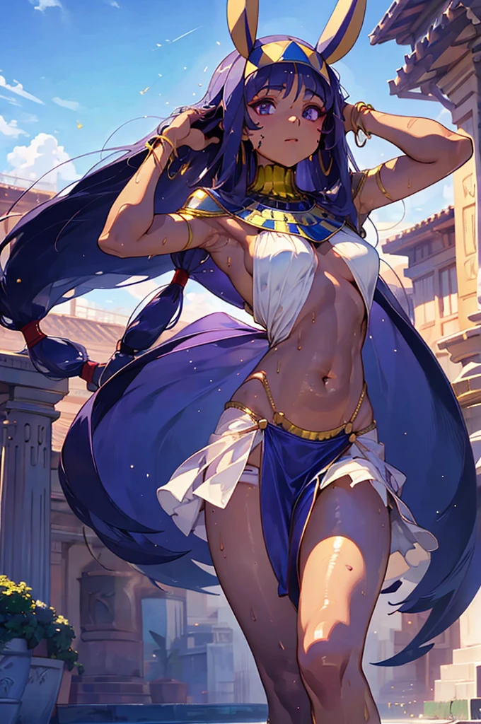 Nitocris、beautiful girl、Raise your hands to show your sweaty armpits、An unparalleled masterpiece, 4K, (Highest quality:1.2), (Very detailed:1.2), Detailed Shadows,, Day光, Day, Outdoor, Are standing, Spread your armpits