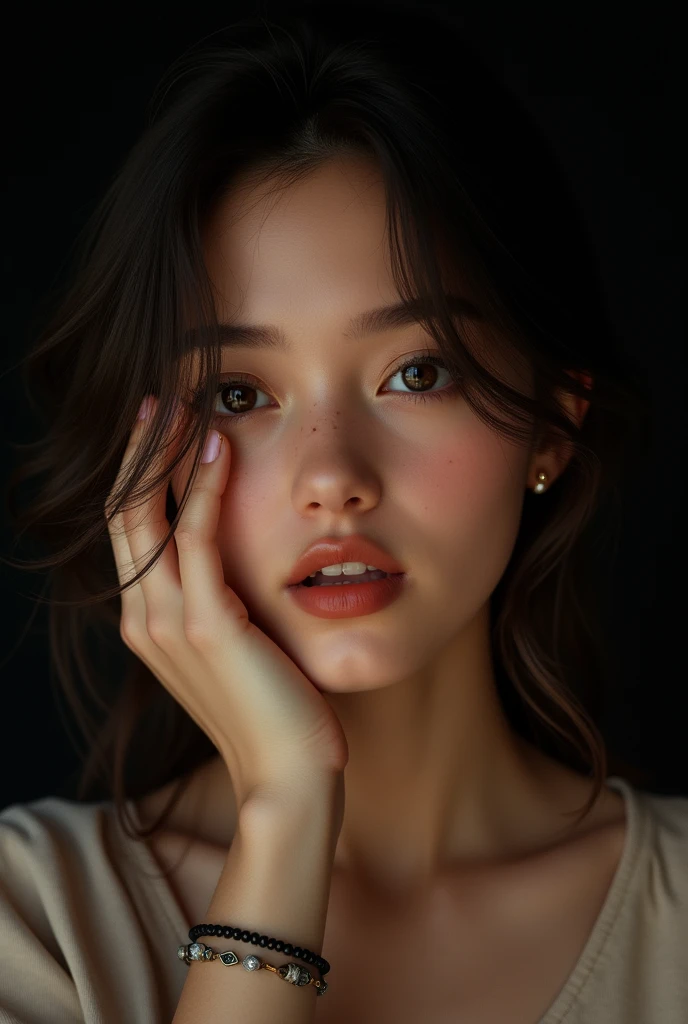best quality, face focus, soft light, ultra high res, (photorealistic:1.4), RAW photo, 1 girl, solo, cute, (pupil, lights in the eyes), detailed beautiful face, (small chest),(high resolution detail of human skin texture),
(long hair), light smile, black background,
indoor, suits, Full size, bracelet , glass wear, natural beauty,