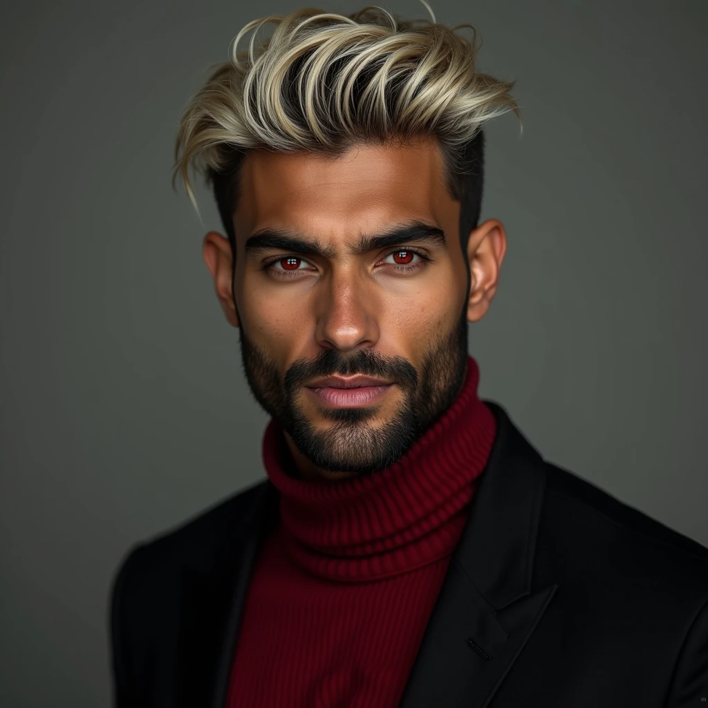 Photograph headshot of a very tall Arab-Egyptian featured male model, short layered textured platinum blond wavy swept back hair, long black stubble, lithe body, brown skin, vibrant red eyes, tall toned body. Professional expression. Wearing dark red and black clothes.