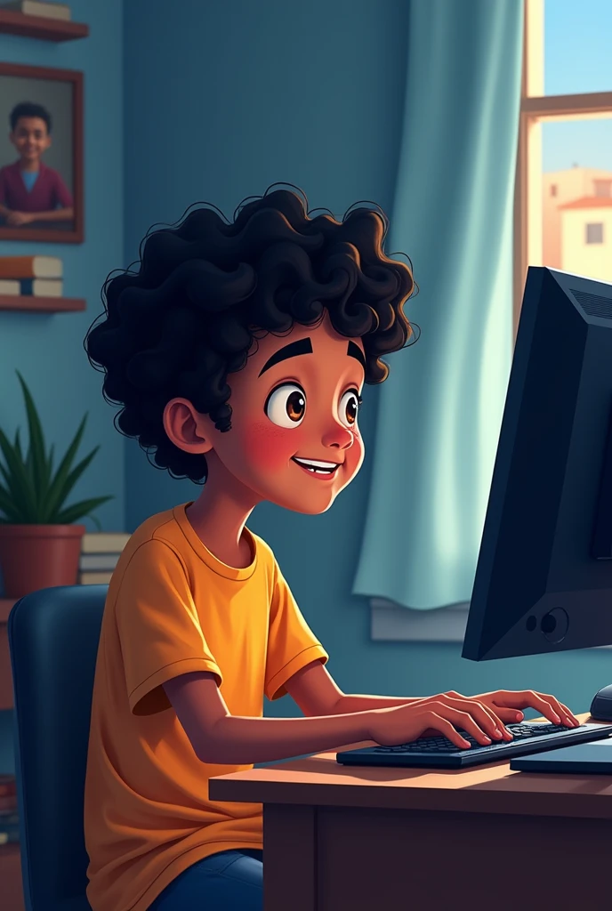 a dark-skinned boy with medium-length black curly hair/wavy, aged between 10 and 13 years, who is in a room that has a computer and is fascinated and happy with it. The art will be in cartoon style and the camera is a little far away to emphasize the scenery as well.. 