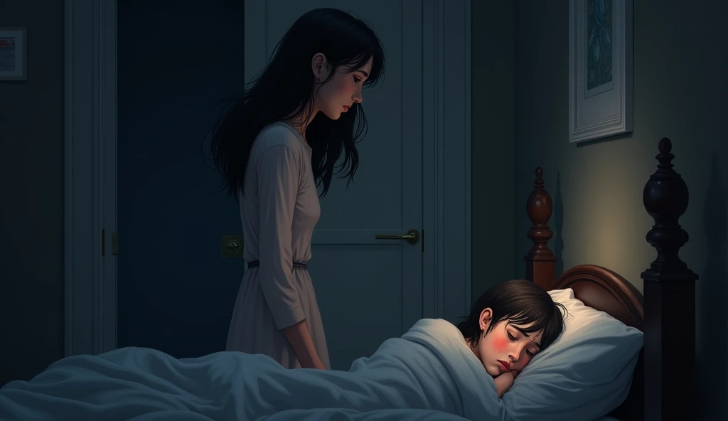 A mother stands in the doorway of a dimly lit room at night, looking at her daughter with a mix of concern and sympathy. The young girl is curled up on her bed, tightly clutching the edge of her blanket, with tear stains visible on her cheeks. The mother's expression shows worry and tenderness.