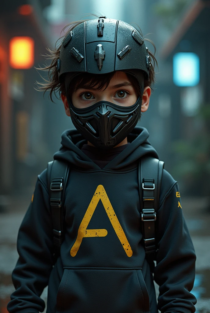 A boy with cool mask with written letter A on his shirt