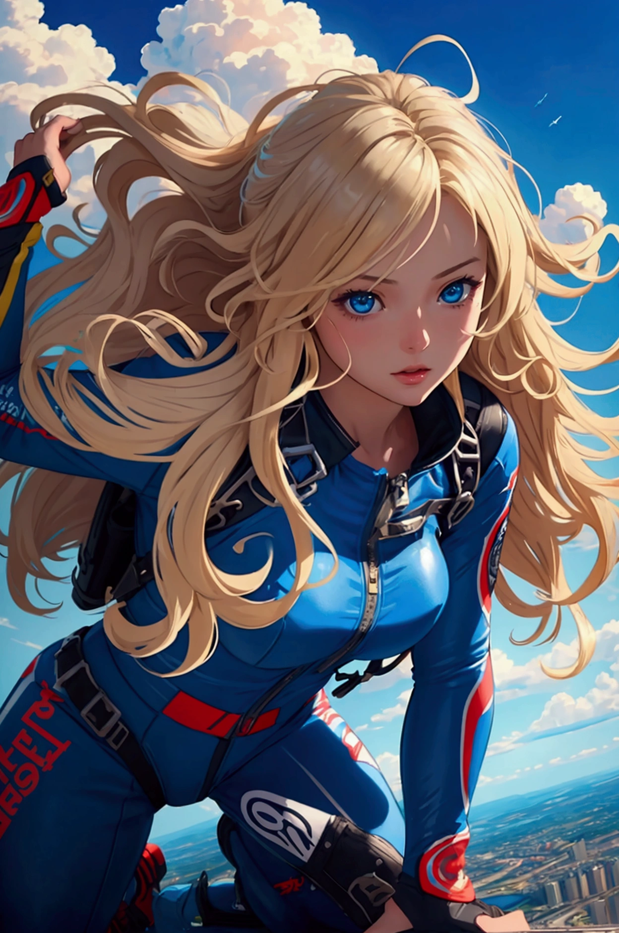 a girl doing skydive, detailed face and eyes, long wavy blonde hair, beautiful girl, adrenaline rush, extreme sports, sky, clouds, blue sky, sunlight, cinematic, dramatic lighting, colorful, vivid, hyper realistic, intricate details, 8k, best quality, masterpiece, highly detailed, photorealistic