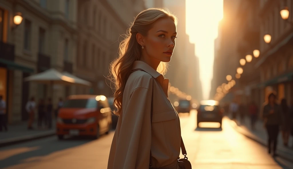 a woman walking down a city street, left side profile view, carrying a bag in her left hand, highly detailed, realistic, photorealistic, 8k, masterpiece, 1girl, beautiful detailed eyes, beautiful detailed lips, extremely detailed face, long eyelashes, realistic clothing, realistic lighting, reflections on the street, atmospheric cityscape, golden hour lighting, warm color tones, cinematic composition