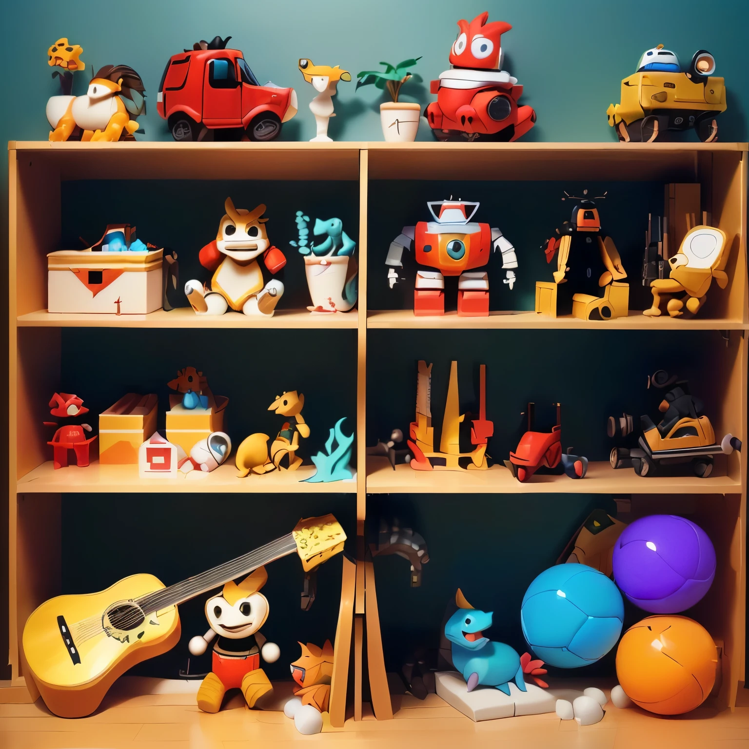 A book child illustration of a shelf with several toys for 5 yo boy (exemple: red car toy, robots, cowboy toy, little dinossaur, bowling game, guitar, plastic animal