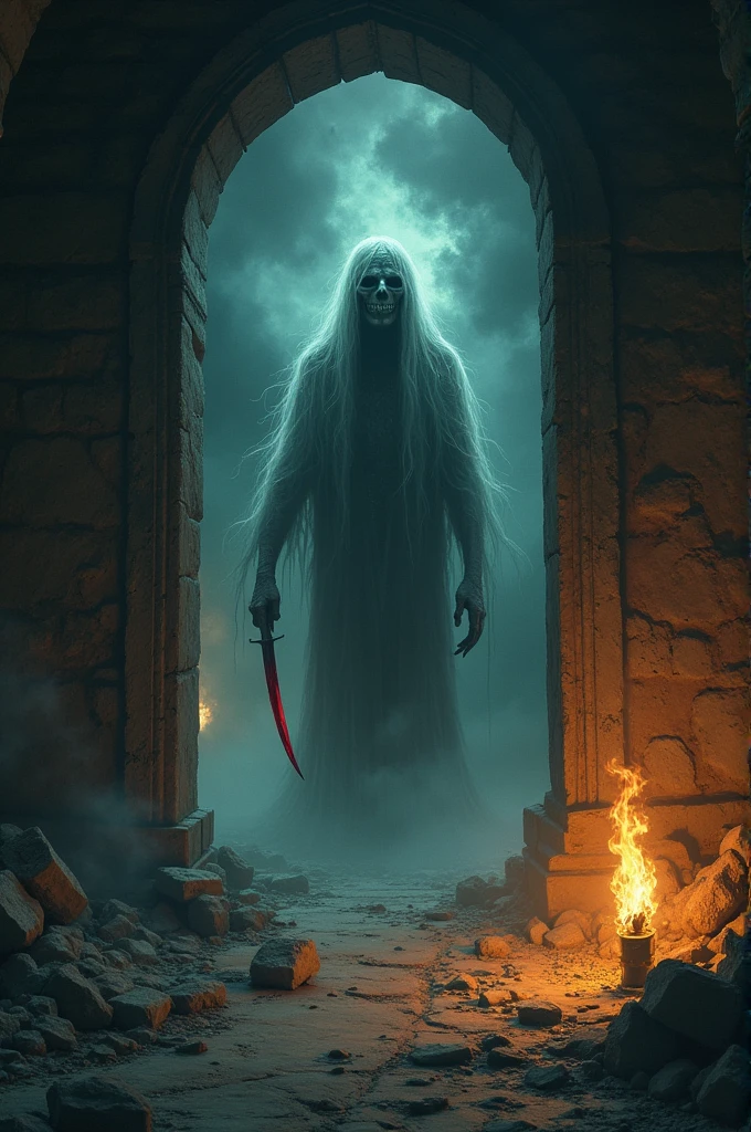 A haunted, ancient temple with flickering torches casting ominous shadows. A ghostly figure, the Narbali, is emerging from the shadows, with a blood-stained ritual dagger in hand. The ghost has hollow eyes and a tormented expression, seeking revenge, with an aura of dark, swirling mist around them.