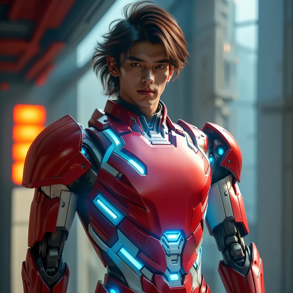 a  boy wearing a red and white exoskeleton armor, a robot face on his chest , malaysian mullet hairstyle, detailed face and eyes, highly detailed, 8k, photorealistic, cinematic lighting, concept art, sci-fi. Led light blue.led light robot face on body Punisher. Marvel.
 next gen, future warrior, cyber suit, anton fadeev 8 k, like ironman, red armor, science fiction suit, sci - fi suit, cinematic full shot, high-tech red armor, wearing futuristic armor. a young 17 year oldd and white exoskeleton armor, a robot face on his chest , malaysian mullet hairstyle, detailed face and eyes, highly detailed, 8k, photorealistic, cinematic lighting, concept art, sci-fi. Led light blue.led light robot face on body Punisher. Marvel.
