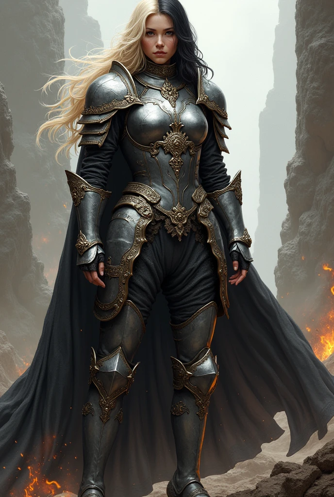 A woman with a armor and with half blonde and half black hair