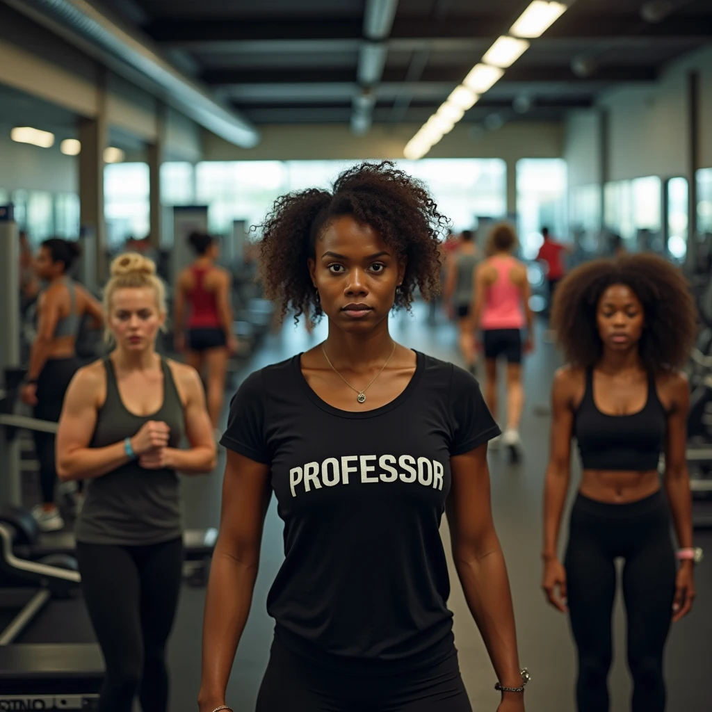 “A bustling gym with various exercise machines visible, including bench press, rowing machine, free weights, and leg press. The room is filled with students, both men and women, actively working out. In the middle of the aisle stands the gym instructor, a 24-year-old Black Brazilian woman with curly hair and a physique that reflects an active fitness lifestyle. She is wearing a black t-shirt with ‘PROFESSOR’ in the center. The instructor looks extremely tired and overwhelmed, with a visibly exhausted and stressed expression. Surrounding her are two women, one blonde and uma morena, each standing on either side of the instructor. Both are angrily complaining and demanding assistance. The image should be captured in ultra-realistic quality using high-end professional cameras and lenses, such as the Canon EOS R5 with an RF 50mm f/1.2L lens, to ensure sharp details and impressive realism. The photo should capture the intense atmosphere of the gym and the heightened emotions of the instructor and the two women.”