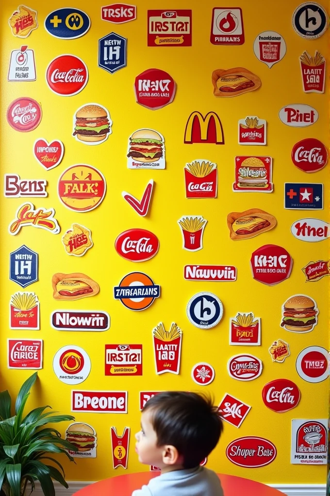 Yellow wall paper with lots of fast food stickers