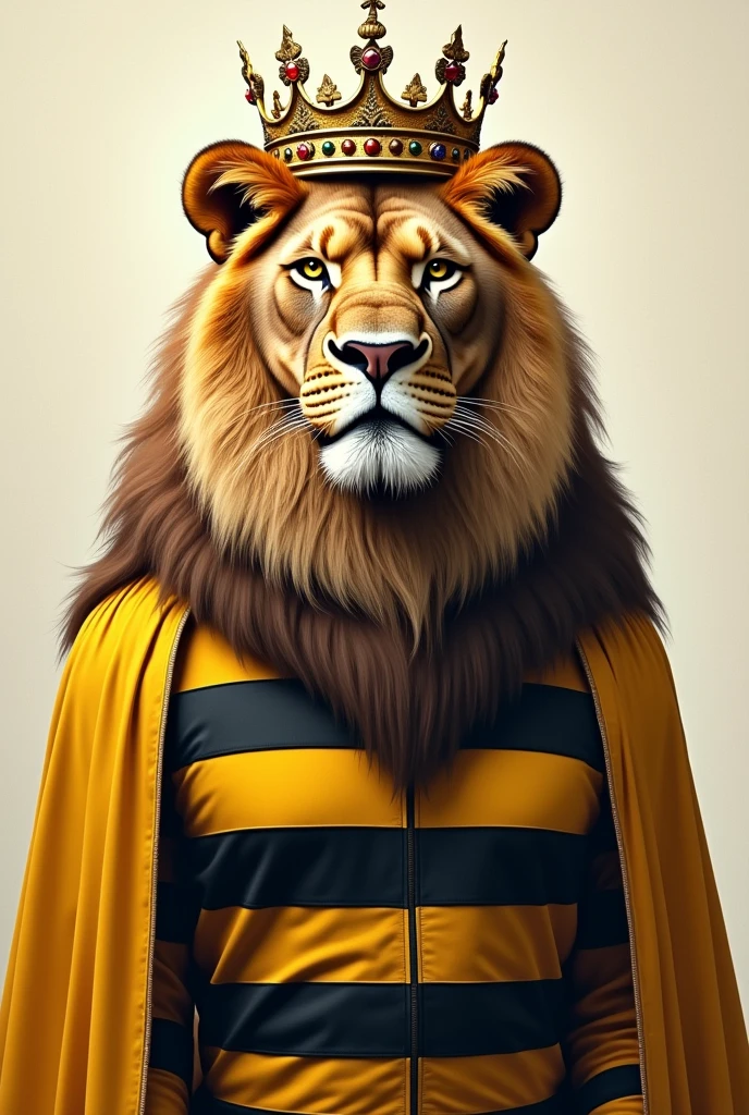 Lion with king&#39;s crown wearing a yellow and black striped shirt
