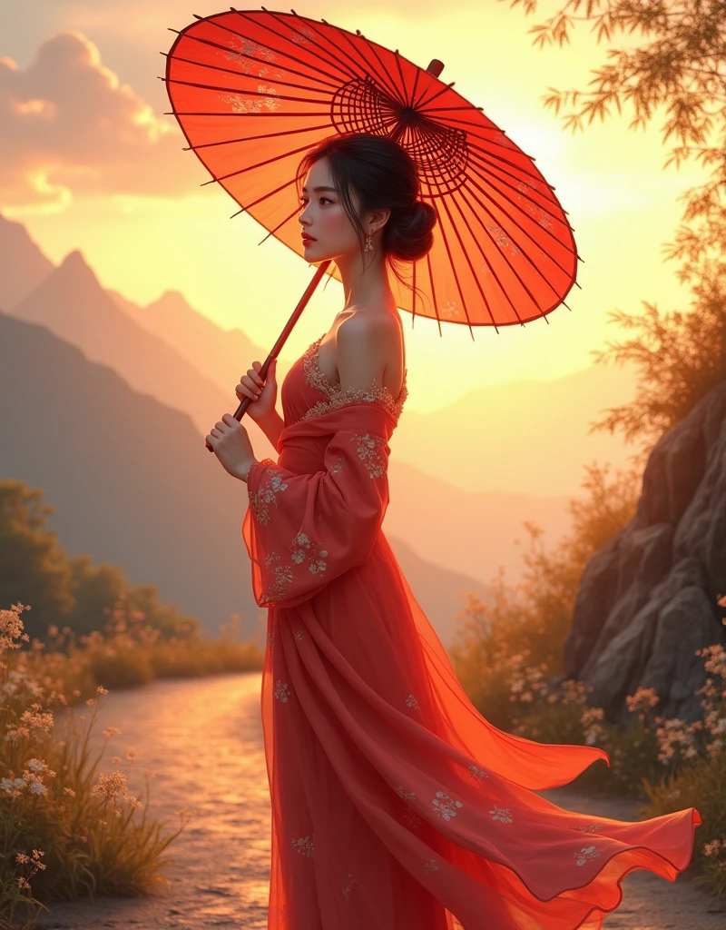 Create a high-resolution digital illustration,Depicts a young woman in her late teens or early twenties.,Standing on a mountain path illuminated by the setting sun,Looking far away。She gently held a traditional oil-paper umbrella in her hand,The umbrella is decorated with elegant plum blossom patterns,The texture of oil paper is real,Reveals detailed texture and shine in low light,The woman under the umbrella looks weak and lovable。
Her outfit is inspired by Chinese TV series《Lotus Tower》Li Lianhua's costume,But in details, it emphasizes softness and gentleness.。She wore a light red gown,The fabric of the robe is as soft as watene material,Texture as smooth and soft as silk,Drifting slightly in the wind,The golden embroidery looks exquisite and gorgeous,Show her dignity and elegance。She has a slender figure,Light movements,Skin is delicate and smooth as porcelain,Hair pulled into a bun casually,A few strands of fine hair fall naturally around her face,Adds a sense of soft beauty,The texture of hair seems real and touchable。
The woman's face is beautiful,Soft facial features,The eyes reveal deep longing and expectation。She looked back,A trace of surprise and desire flashed in the eyes,As if I thought my old friend had returned。Her eyes sparkled with tears in the sunset,Skin looks warm and transparent under the soft sunlight,The corners of the mouth are slightly raised,Revealing a subtle sadness。However,At that moment, his expression quickly turned into disappointment and sadness,Because the person you expected didn’t show up as expected。Although her expression is weak,But at the same time, it reveals a kind of strength and self-reliance.,It seems that during these years of living alone,She has learned how to persevere。
The background is set on a quiet mountain road,The afterglow of the setting sun gives the entire scene a golden light and shadow,The light is real and warm,The mountains in the distance and the remaining clouds on the horizon look and beautiful。The path is lined with low bamboo forests and scattered wild flowers.,Swaying gently in the evening breeze,The texture of leaves and the true details of wildflowers are clearly visible。This scene creates a touch of sadness and loneliness,It is in sharp contrast to the woman's expectation for her old friend's return.。