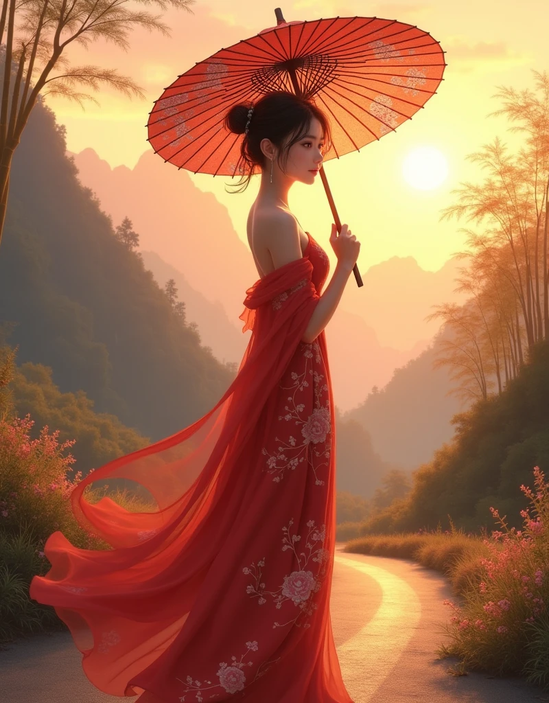 Create a high-resolution digital illustration,Depicts a young woman in her late s or early twenties.,Standing on a mountain path illuminated by the setting sun,Looking far away。She gently held a traditional oil-paper umbrella in her hand,The umbrella is decorated with elegant plum blossom patterns,The texture of oil paper is real,Reveals detailed texture and shine in low light,The woman under the umbrella looks weak and lovable。
Her outfit is inspired by Chinese TV series《Lotus Tower》Li Lianhua's costume,But in details, it emphasizes softness and gentleness.。She wore a light red gown,The fabric of the robe is as soft as watene material,Texture as smooth and soft as silk,Drifting slightly in the wind,The golden embroidery looks exquisite and gorgeous,Show her dignity and elegance。She has a slender figure,Light movements,Skin is delicate and smooth as porcelain,Hair pulled into a bun casually,A few strands of fine hair fall naturally around her face,Adds a sense of soft beauty,The texture of hair seems real and touchable。
The woman's face is beautiful,Soft facial features,The eyes reveal deep longing and expectation。She looked back,A trace of surprise and desire flashed in the eyes,As if I thought my old friend had returned。Her eyes sparkled with tears in the sunset,Skin looks warm and transparent under the soft sunlight,The corners of the mouth are slightly raised,Revealing a subtle sadness。However,At that moment, his expression quickly turned into disappointment and sadness,Because the person you expected didn’t show up as expected。Although her expression is weak,But at the same time, it reveals a kind of strength and self-reliance.,It seems that during these years of living alone,She has learned how to persevere。
The background is set on a quiet mountain road,The afterglow of the setting sun gives the entire scene a golden light and shadow,The light is real and warm,The mountains in the distance and the remaining clouds on the horizon look and beautiful。The path is lined with low bamboo forests and scattered wild flowers.,Swaying gently in the evening breeze,The texture of leaves and the true details of wildflowers are clearly visible。This scene creates a touch of sadness and loneliness,It is in sharp contrast to the woman's expectation for her old friend's return.。