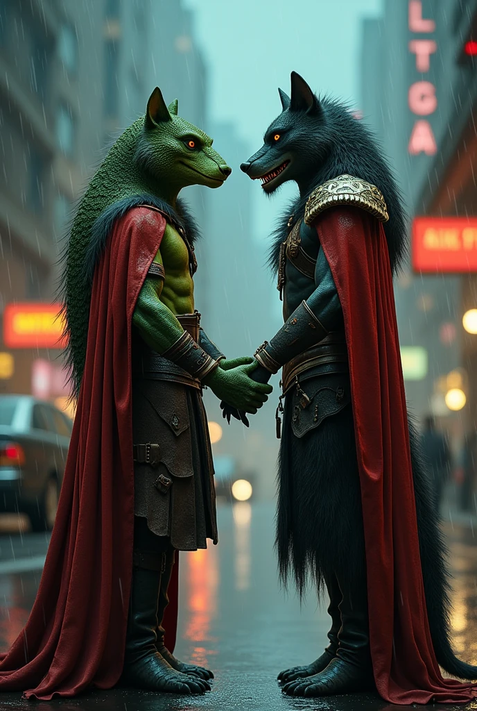 Female werewolf in viking costume holding hands with a green scaled lizard man, wearing red robe with long tail strong in the rainy night city.