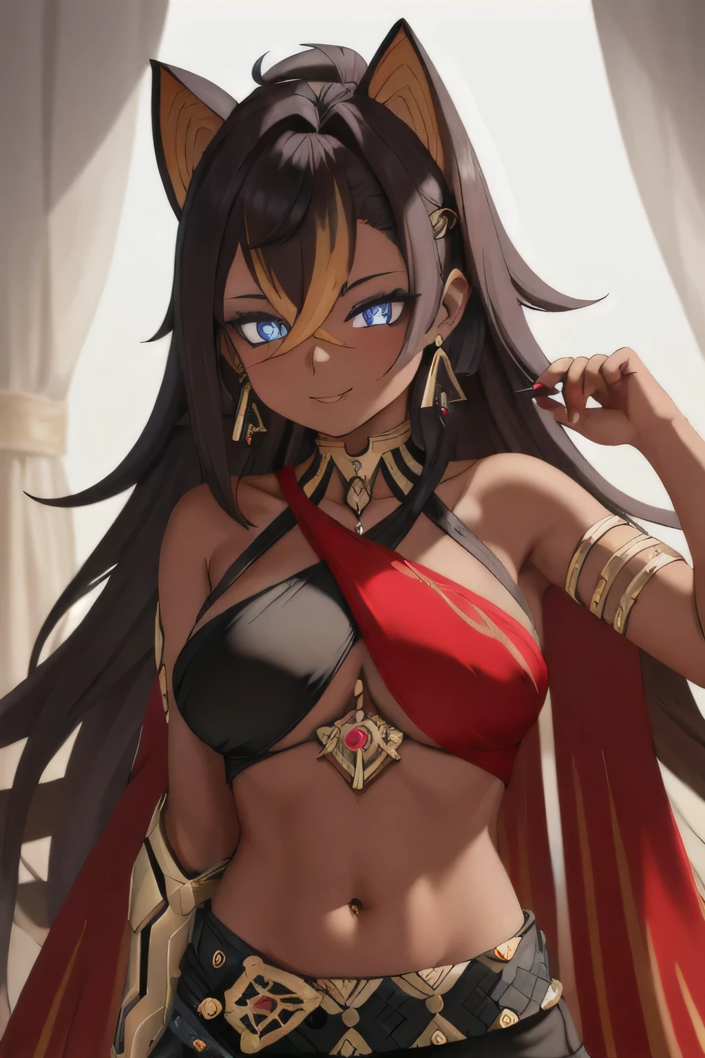 best quality, masterpiece, highres, solo, {dehya_genshin:1.15}, multicolored_hair, long_hair, bangs, blue_eyes, streaked_hair, dark-skinned_female, dark_skin, blonde_hair, black_hair, hair_between_eyes, jewelry, crossed_bangs, halterneck, earrings, animal_ears, breasts, criss-cross_halter, smile, brown_hair, navel, stomach, large_breasts, hair_intakes, 1girl, looking_at_viewer, hair_ears, upper_body, bare_shoulders, portrait, closed_mouth, dangle_earrings