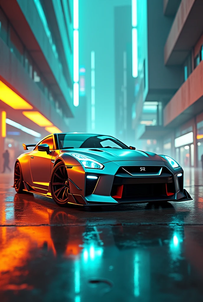 Cyber nisan gtr with orange and teal colour lights with buildings and shiny floor 