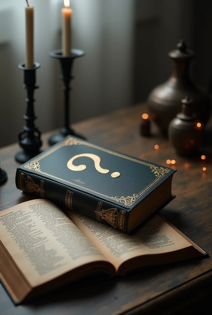 Create a photo for your tiktok profile, I want in the photo a closed almanac on a table with a question mark on the cover, on a table with a viewing angle that allows you to see the pages of the almanac.