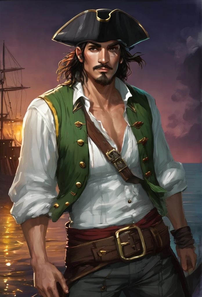 {{upper body}} {{Artist: sincos}} 1 man, rough and cheeky male, dark brown hair, medium messy hair, light green eyes, sharp jawline, very handsome, little face hair, lithe body, broad shoulders, muscular, pirate clothes, pirate hat, captain, pirate ship, dark ambiance, darkworld fantasy, night, sea, good quality.