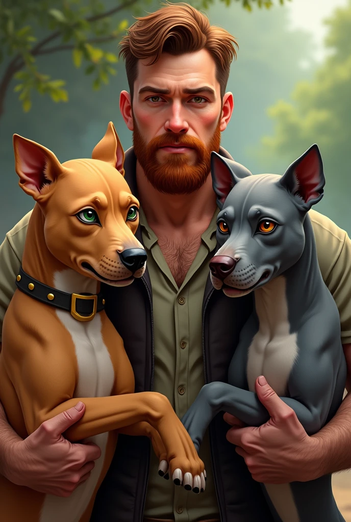 Man with short reddish beard, brown hair holding her two PITBULL dog of golden brown color and yellowish eyes and another GRAY COLOR GREEN EYE and CROPPED EAR