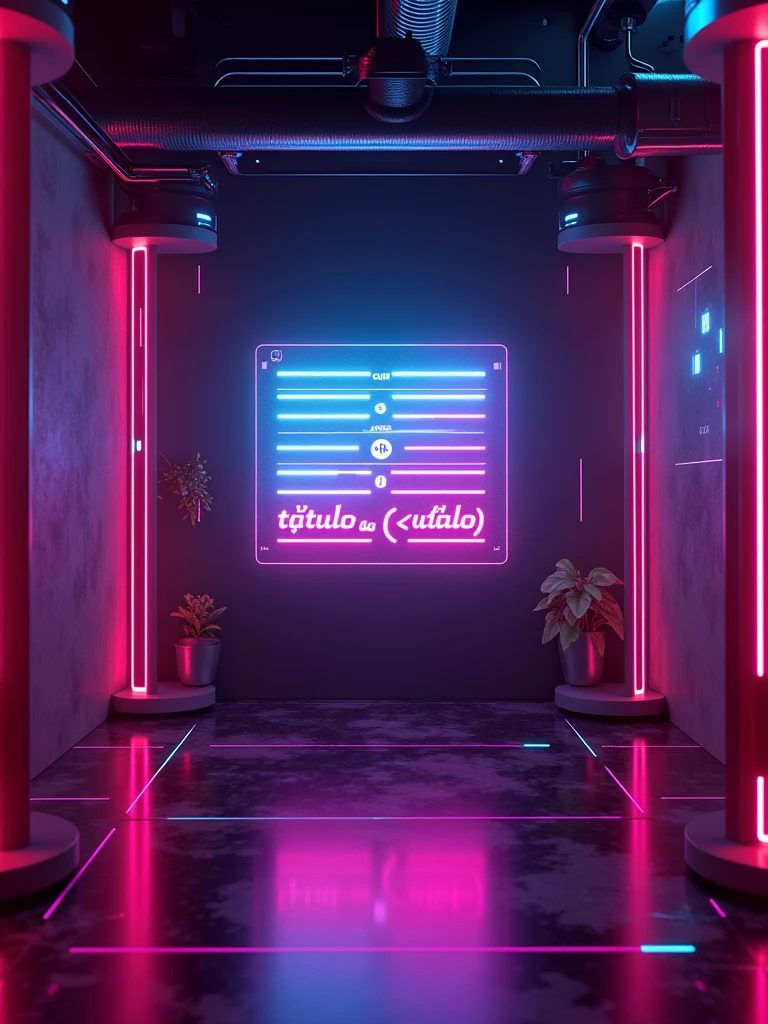 A modern cover design featuring a central form screen for generating YouTube video titles, with a video player displayed beneath it. The player prominently displays the words "TÍTULO DO VÍDEO" in bold, neon lettering. The design is set in a cyberpunk-inspired environment with vibrant colors like neon pinks, purples, and blues against a dark, gradient background. Surrounding the form and video player are glowing geometric patterns and digital effects, giving the image a futuristic and high-tech vibe. The lighting is diffused and artificial, enhancing the cyberpunk atmosphere. The image is captured with a Sony A7R IV using a wide-angle lens, ensuring all elements are detailed and sharp, with a vibrant color palette to make the cover visually striking. 