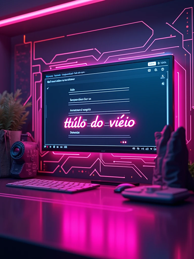 A modern cover design featuring a central form screen for generating YouTube video titles, with a video player displayed beneath it. The player prominently displays the words "TÍTULO DO VÍDEO" in bold, neon lettering. The design is set in a cyberpunk-inspired environment with vibrant colors like neon pinks, purples, and blues against a dark, gradient background. Surrounding the form and video player are glowing geometric patterns and digital effects, giving the image a futuristic and high-tech vibe. The lighting is diffused and artificial, enhancing the cyberpunk atmosphere. The image is captured with a Sony A7R IV using a wide-angle lens, ensuring all elements are detailed and sharp, with a vibrant color palette to make the cover visually striking.