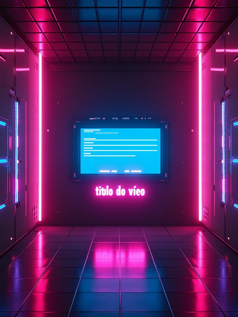 A modern cover design featuring a central form screen for generating YouTube video titles, with a video player displayed beneath it. The player prominently displays the words "TÍTULO DO VÍDEO" in bold, neon lettering. The design is set in a cyberpunk-inspired environment with vibrant colors like neon pinks, purples, and blues against a dark, gradient background. Surrounding the form and video player are glowing geometric patterns and digital effects, giving the image a futuristic and high-tech vibe. The lighting is diffused and artificial, enhancing the cyberpunk atmosphere. The image is captured with a Sony A7R IV using a wide-angle lens, ensuring all elements are detailed and sharp, with a vibrant color palette to make the cover visually striking.