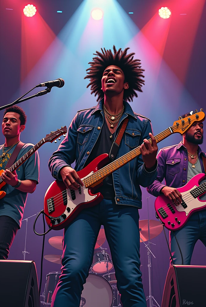 Create a drawing of a band playing with the bassist as the lead singer with black power hair, two guitarists, one on each side of the bassist and the drummer, they all sing too.