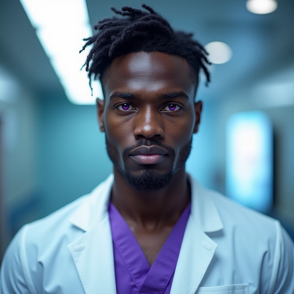 Photograph headshot of a very tall French-Nubian featured male model, wavy hair parted to the side hair, shaved chin, shaved upper lip, toned body, ebony skin, vibrant purple eyes, tall thin toned body. Kind expression. Doctor coat, purple shirt, fluorescent lighting.