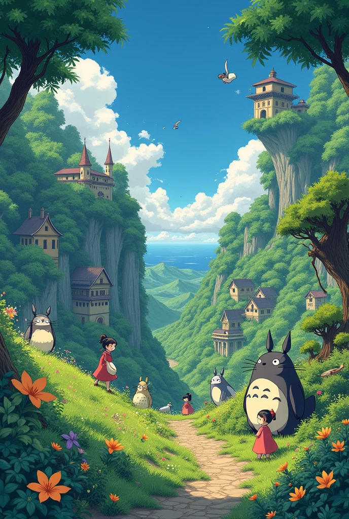 I want a poster that brings together the most famous elements and characters from Ghibli studios.