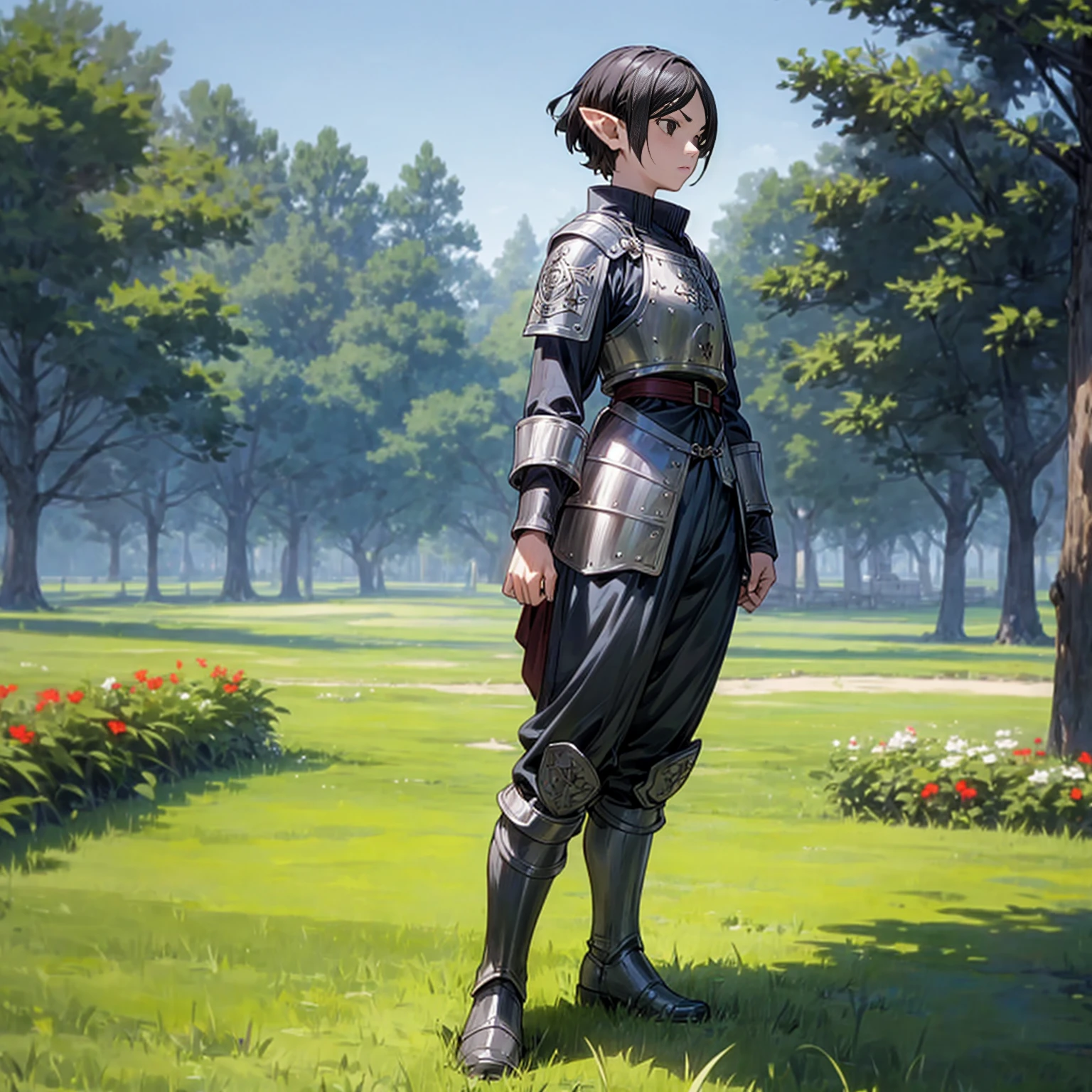 Solo character, full body version, young man, (elf), black eyes, black color hair, short hair, soldier clothing, white color clothing, brown pants, boots, outdoor, park, field, Greenland, medieval, standing gesture, detailed background, detailed clothing, detailed hair, (one piece style art), muscle, heavy armored, helm