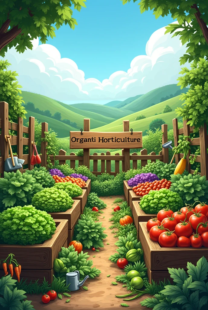 "Create an image of an organic garden with fresh, green vegetables, eco-friendly gardening tools, and a sign that says 'Organic Horticulture'."