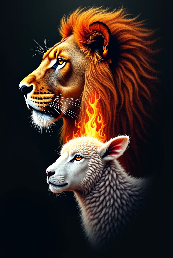 Tattoo of a lion's face looking to the left, a lamb's face below it looking to the left and a flame in the middle