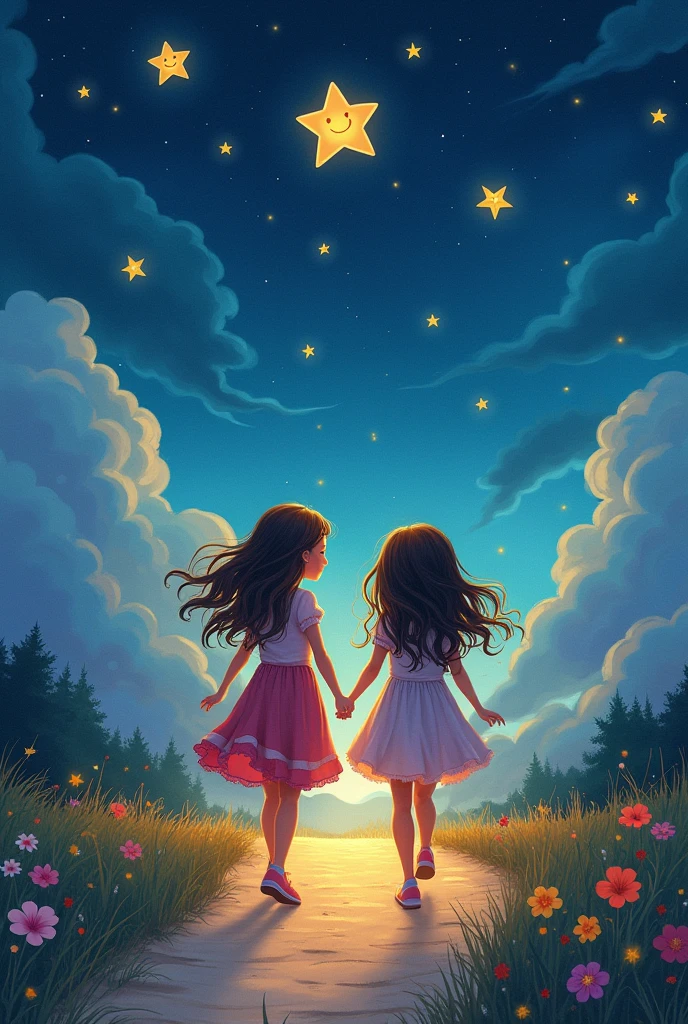 twogirls, twin sisters, a night scene full of wonders. Add a starry sky with smiling stars. a magical road, night journey of the characters. Use a palette of soft and vibrant colors to create a cheerful and magical environment, Perfectly suitable for children. Let your creativity flow and capture the sense of adventure and mystery.