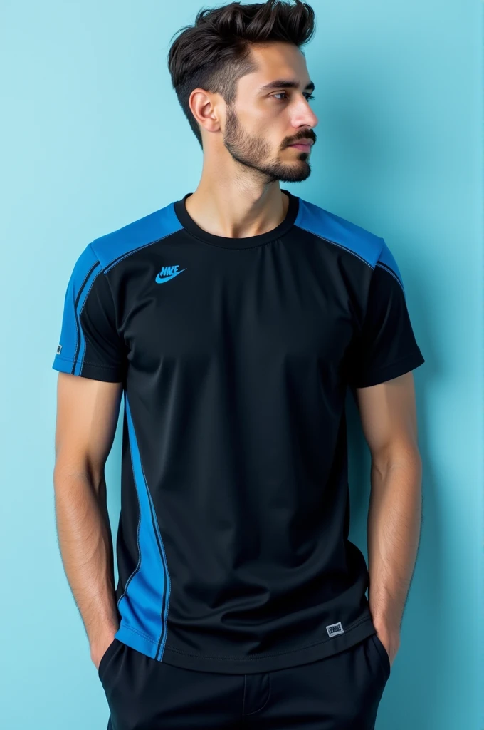 A black t-shirt with sky blue 